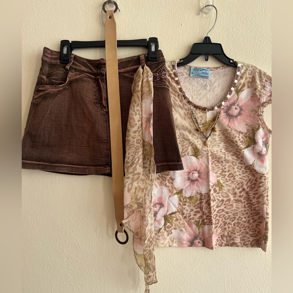 Miss Blumarine Pink Floral Top Brown Skirt jeans 3 Pc Set belt Italy size 10-12 - Picture 12 of 12
